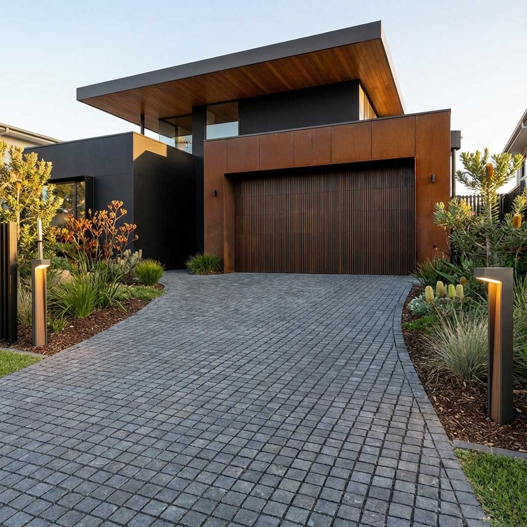 Black Granite Cobblestone Driveway Flamed Surface