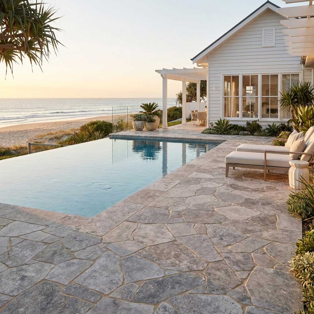 Silver Travertine Pool Crazy Paving and Pool Coping