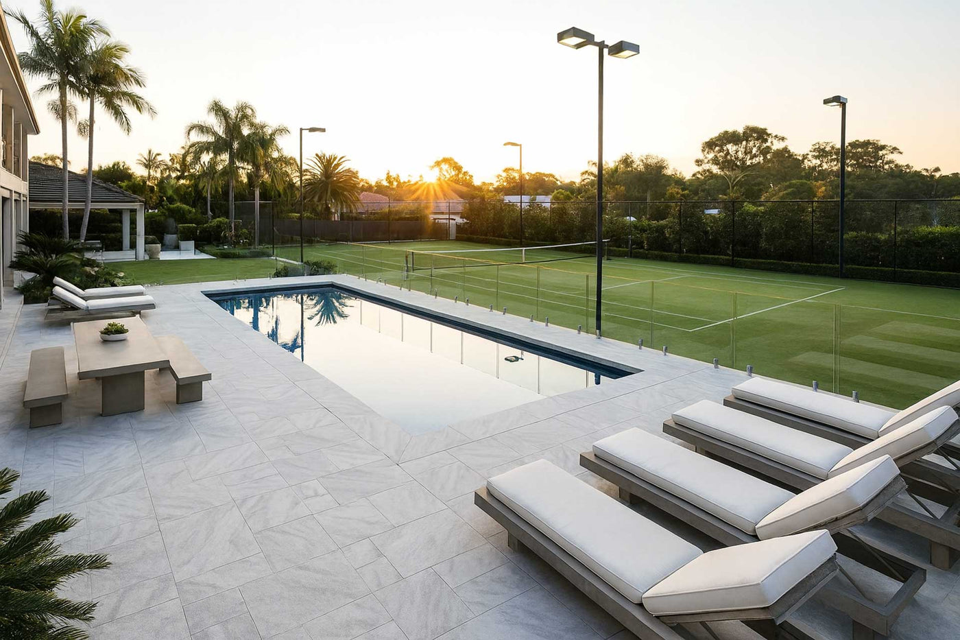 Limestone Pool Coping and French Pattern Pavers