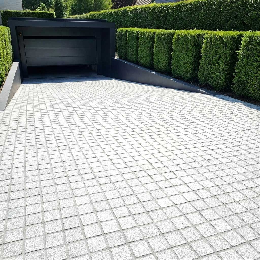White Granite Cobblestone Driveway with a Flamed Finish