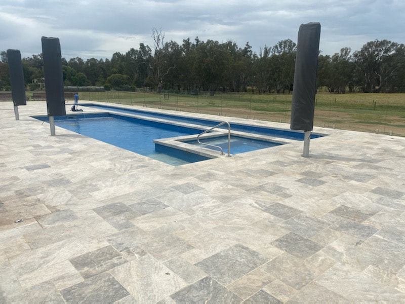 Premium Silver Travertine Dropface Pool Coping Pavers and French Pattern Tiles