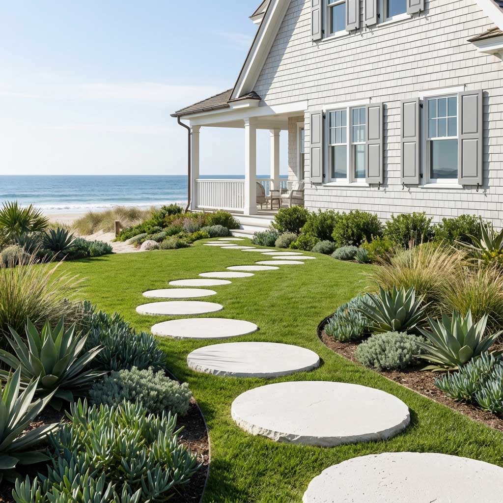 Stepping Stone pathway made of stepping stones leading to a house with ocean view