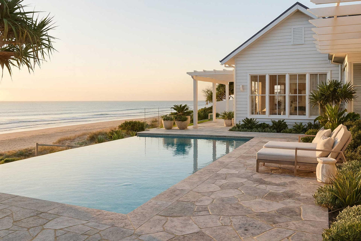 Silver Travertine Crazy Paving Pool Surround Coping and Pavers