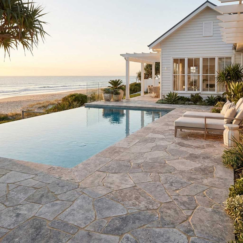 Silver Travertine Pool  Crazy Paving and Pool Coping